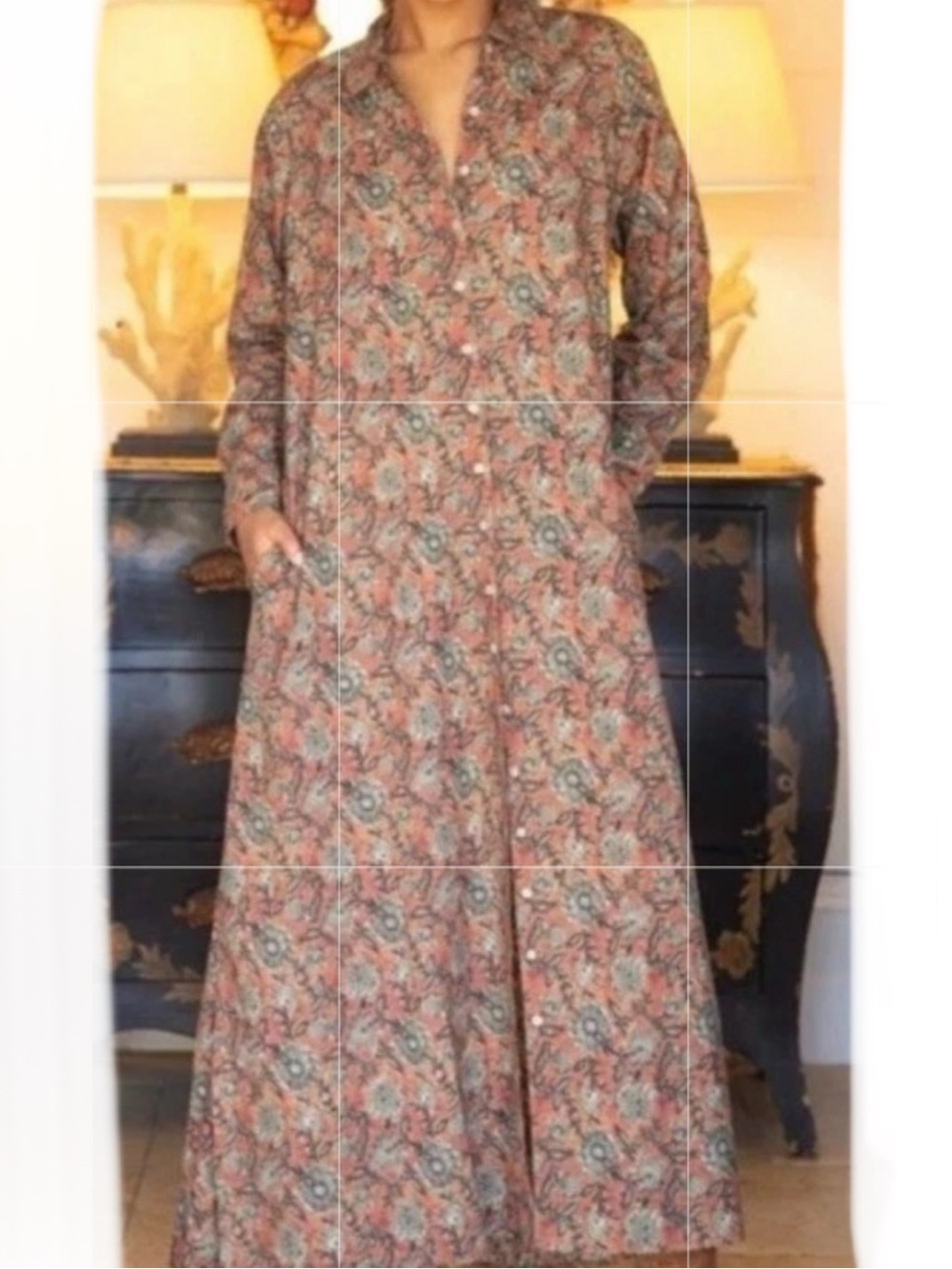 Natural Life Drew Floral Print Maxi Shirt Dress Cotton Brown Green L/XL